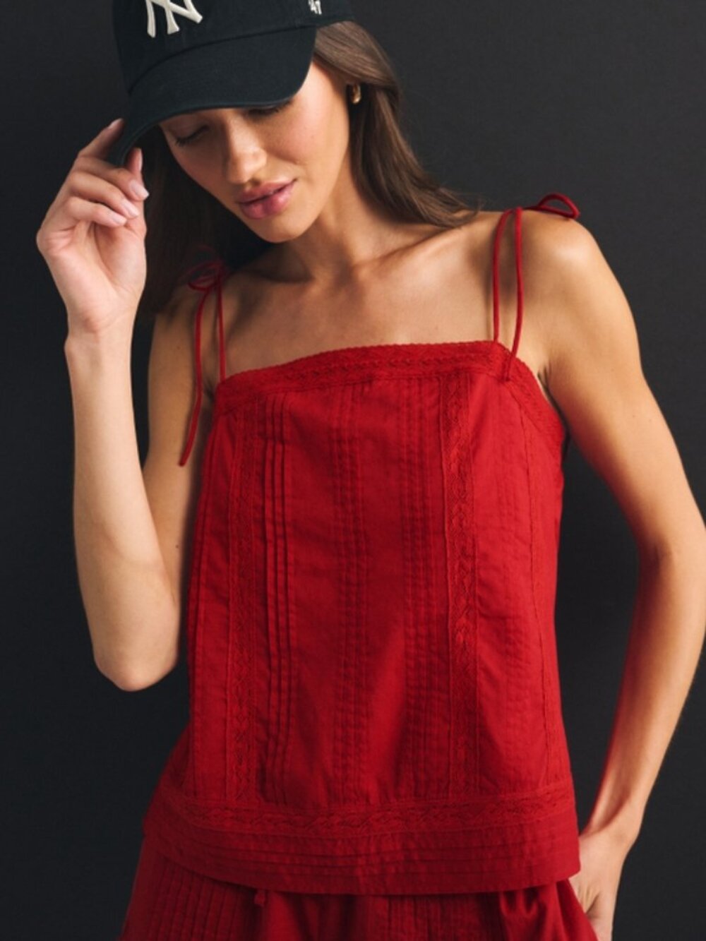 NEW Abercrombie & Fitch Embroidered Tie-Strap Cami in Fiery Red